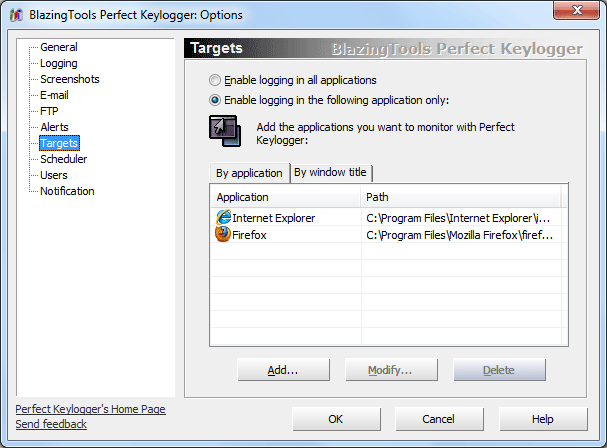 Options: Exceptions dialog