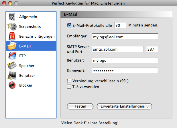 Keylogger for Mac - Perfect Keylogger - Email Options